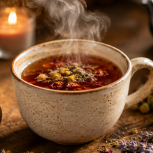 A steaming ceramic mug filled with herbal tea on a rustic wooden table, surrounded by dried flowers, a small bowl of loose herbs, a lit candle, and a dark teapot in the background.